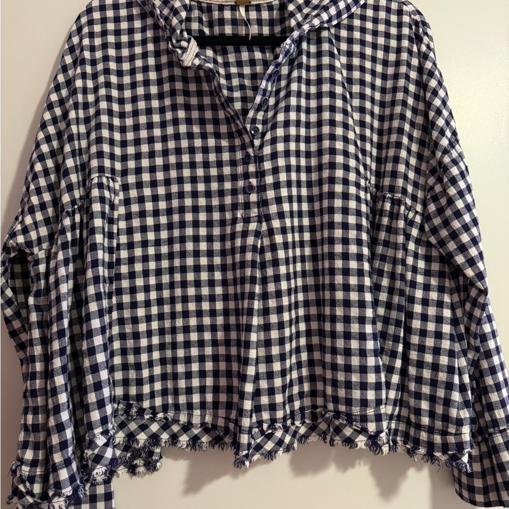 Free People Let It All Go Blue and White Checkered Hooded Top